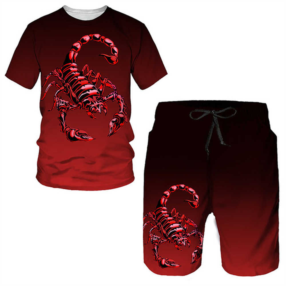 Fatos de treino 2023 Scorpion 3D Printing T-shirt Sweatshirt Manga Curta Padrão Estampado Rua Conjunto Verão Masculino P230603