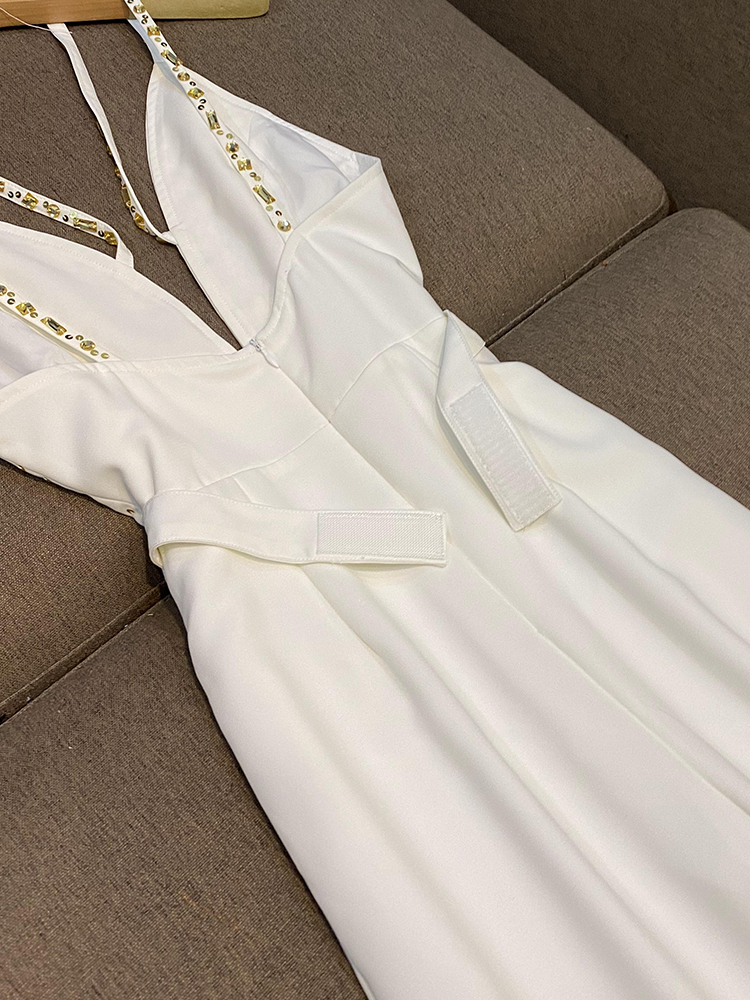 2023 Summer White Solid Color Rhinestone Sequins Jumpsuits Spaghetti Strap V-Neck Long Maxi Rompers O3L012613