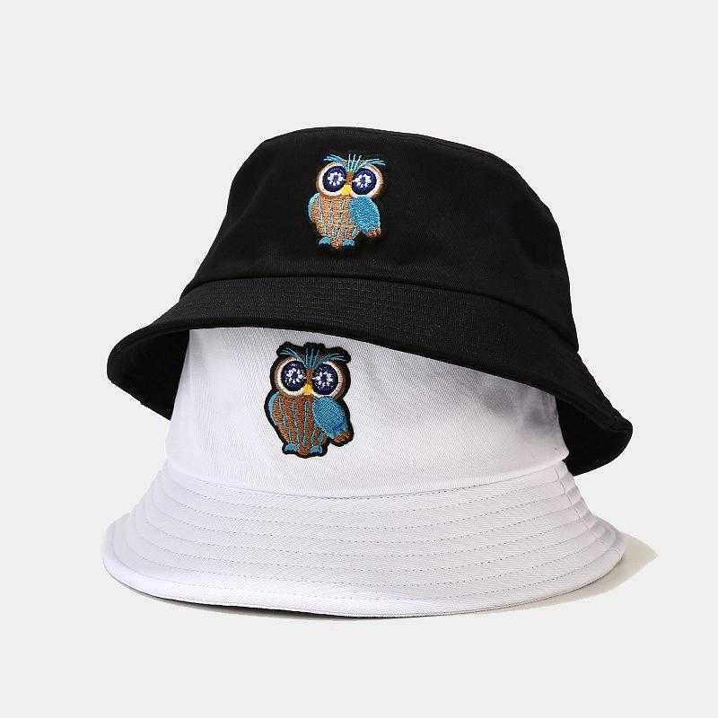 Tesa larga LDSLYJR 2021 Creative Cartoon Owl Pattern Secchiello in cotone Pescatore Outdoor Travel Sun Hat Uomo e donna 120 Cappelli G230603