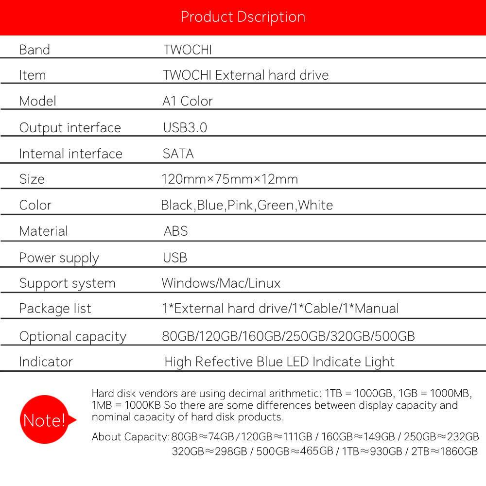 Drives TwoChi A1 2,5 '' USB3.0 DISCURSO RUDENTE DE 80 GB/120 GB/160GB/250GB/320GB/500GB HDD portátil Plugue de disco de armazenamento e reprodução para PC/Mac