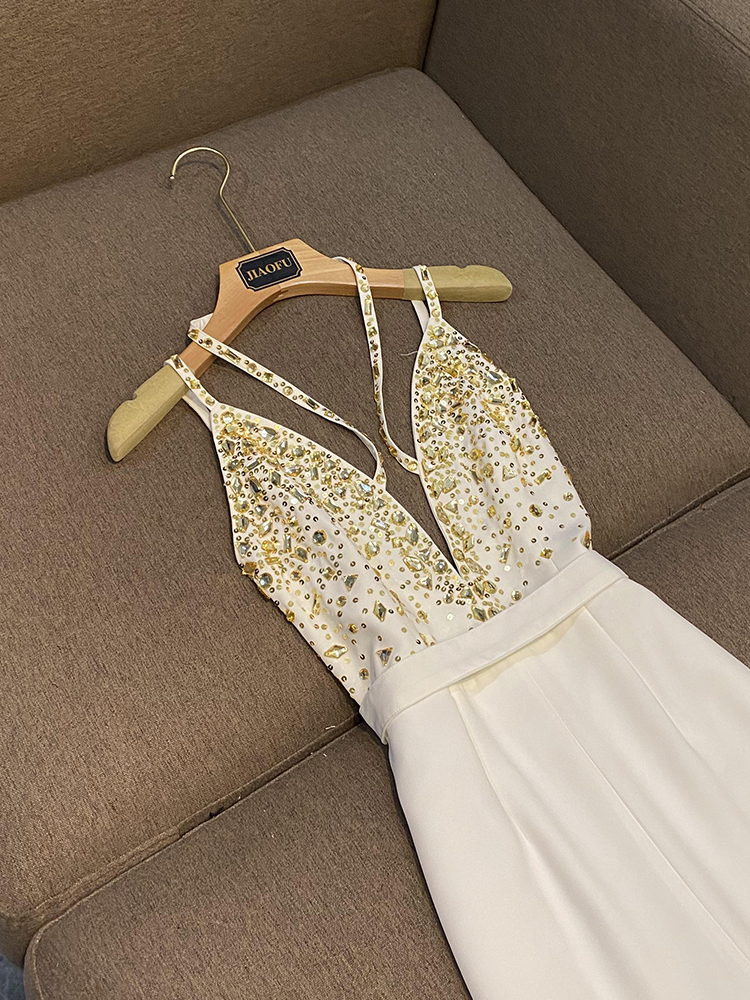 2023 Summer White Solid Color Rhinestone Sequins Jumpsuits Spaghetti Strap V-Neck Long Maxi Rompers O3L012613