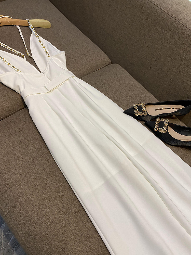 2023 Summer White Solid Color Rhinestone Sequins Jumpsuits Spaghetti Strap V-Neck Long Maxi Rompers O3L012613