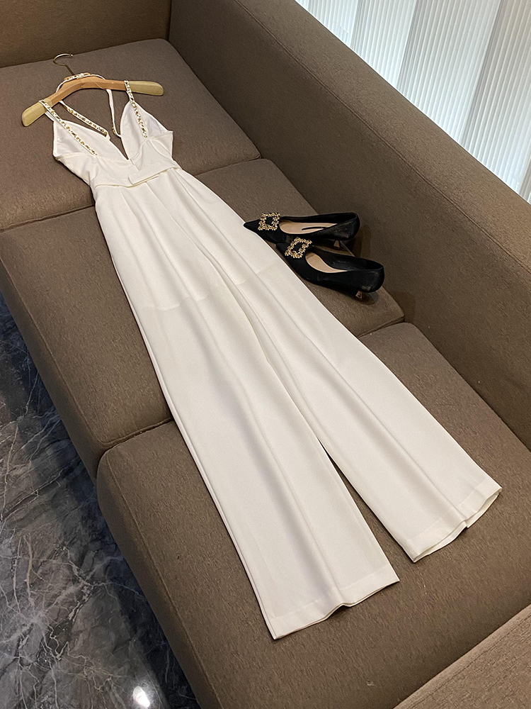 2023 الصيف الأبيض الصلبة اللون الترتر راينستون بليخات السباغيتي حزام V-Neck Long Maxi Rompers O3L012613