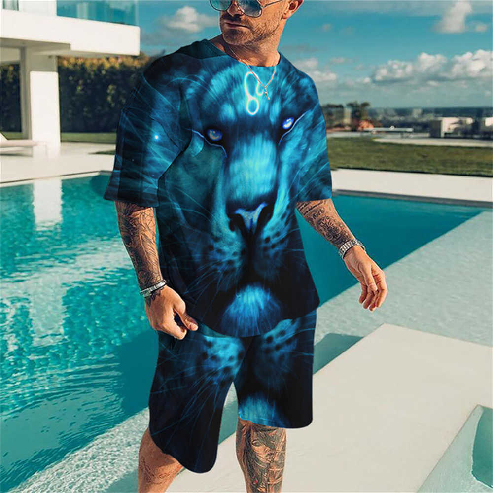 Tracksuits Tiger King 2023 Summer 3D Printing Casual T-shirt Track Suit O-Neck Short Sleeve Men's Clothing Set P230603