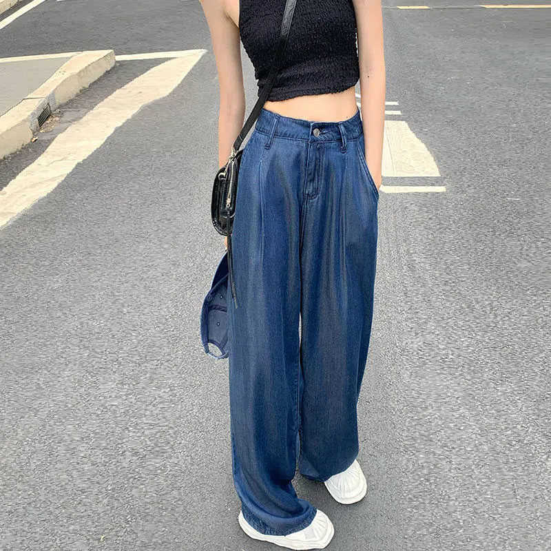 Lucy ver bleu foncé pure soie jean mode coréenne taille haute jambe large femmes vêtements de rue lâche pantalon droit P230602