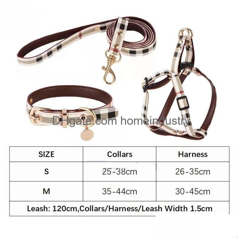 Dog Collars Leashes No Pl Harness Designer Dogs Collar Set Classic Plaid Leather Pet Leash For Small Medium Cat Chihuahua