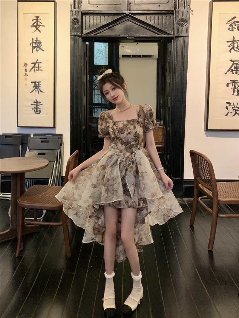 Women's print floral square collar short sleeve organza patched ball gown irregular princess dress SML