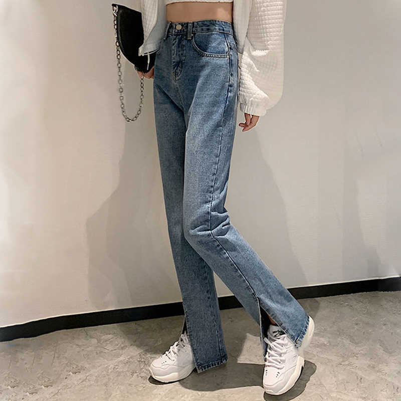 Women's Pants Capris Lucy ever front split leg straight pants black blue high waisted bell bottomed women's street clothing casual jeans P230602