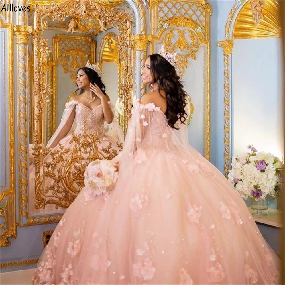 Pink Princess 3D Handmade Flowers Quinceanera Dresses Off The Shoulder Long Wraps Sequined Lace Ball Gown Prom Sweet 15 16 Dress Formal Occasion Pageant Dress CL2347