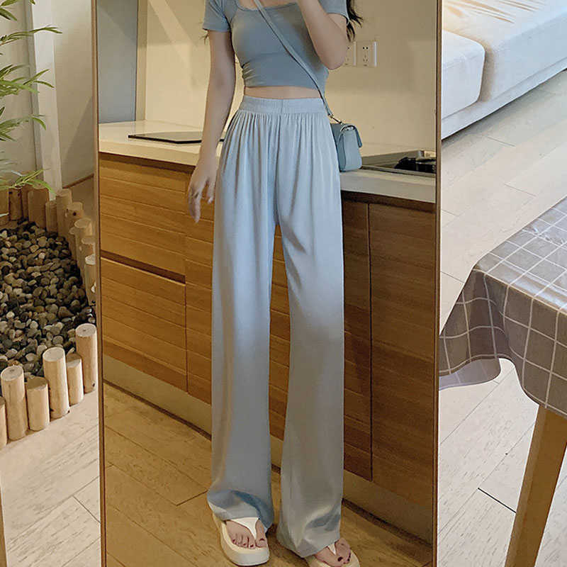 Capris Lucifer Summer Satin Skating Women's 2023 New Casual Loose Thin Wide Leg Trousers Korean Elastic midja raka byxor för kvinnor P230602