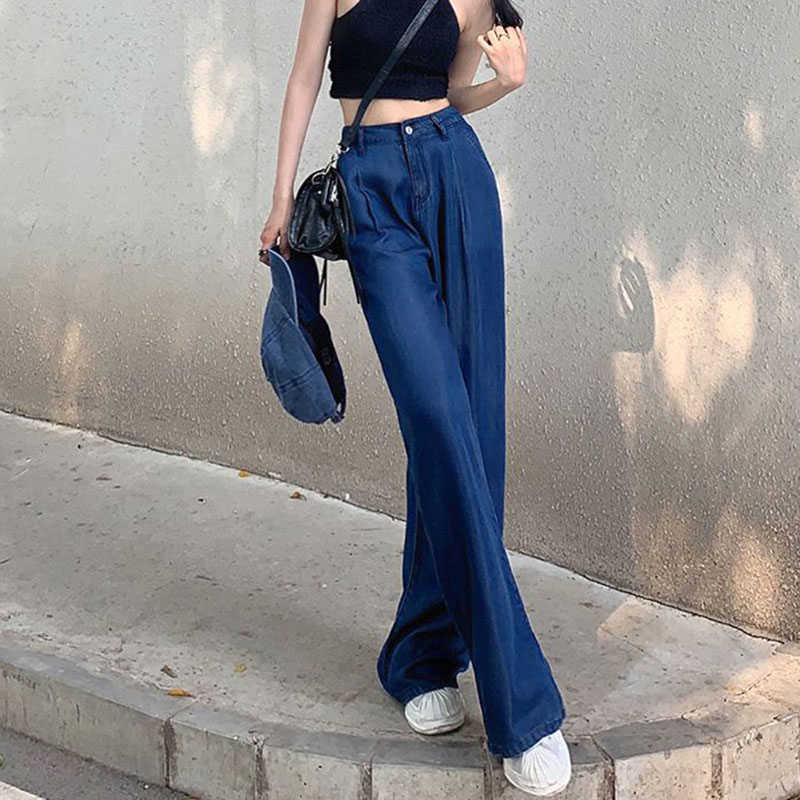 Lucy ver bleu foncé pure soie jean mode coréenne taille haute jambe large femmes vêtements de rue lâche pantalon droit P230602