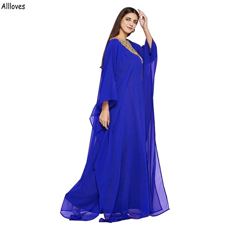 مغربية Kaftan الشرق الأوسط Abaya Prom Dresses Royal Blue Chiffon الأكمام الطويلة الذهبية للأحداث الرسمية الأحداث الحزب دبي المساء العربي Maxi Dress CL2354