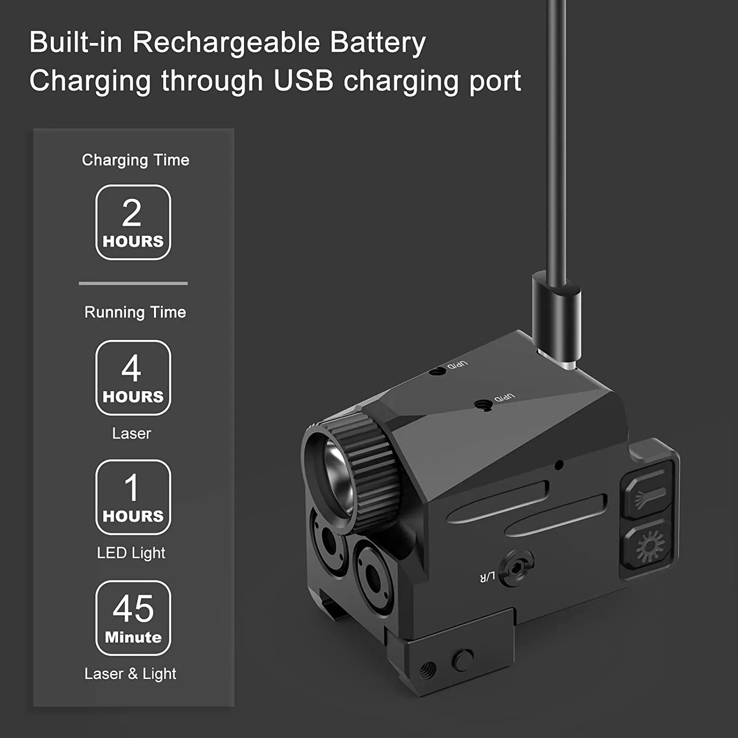 Lampe de poche rechargeable USB avec lumière laser rouge et verte tactique pour visée laser légère 500 lumens