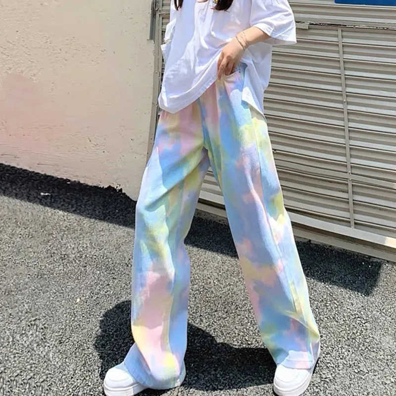 Lucifer 2022 Summer Tie Dye Jeans Loose Waist Straight Trousers Women's Street Clothing Wide Leg Pants P230602