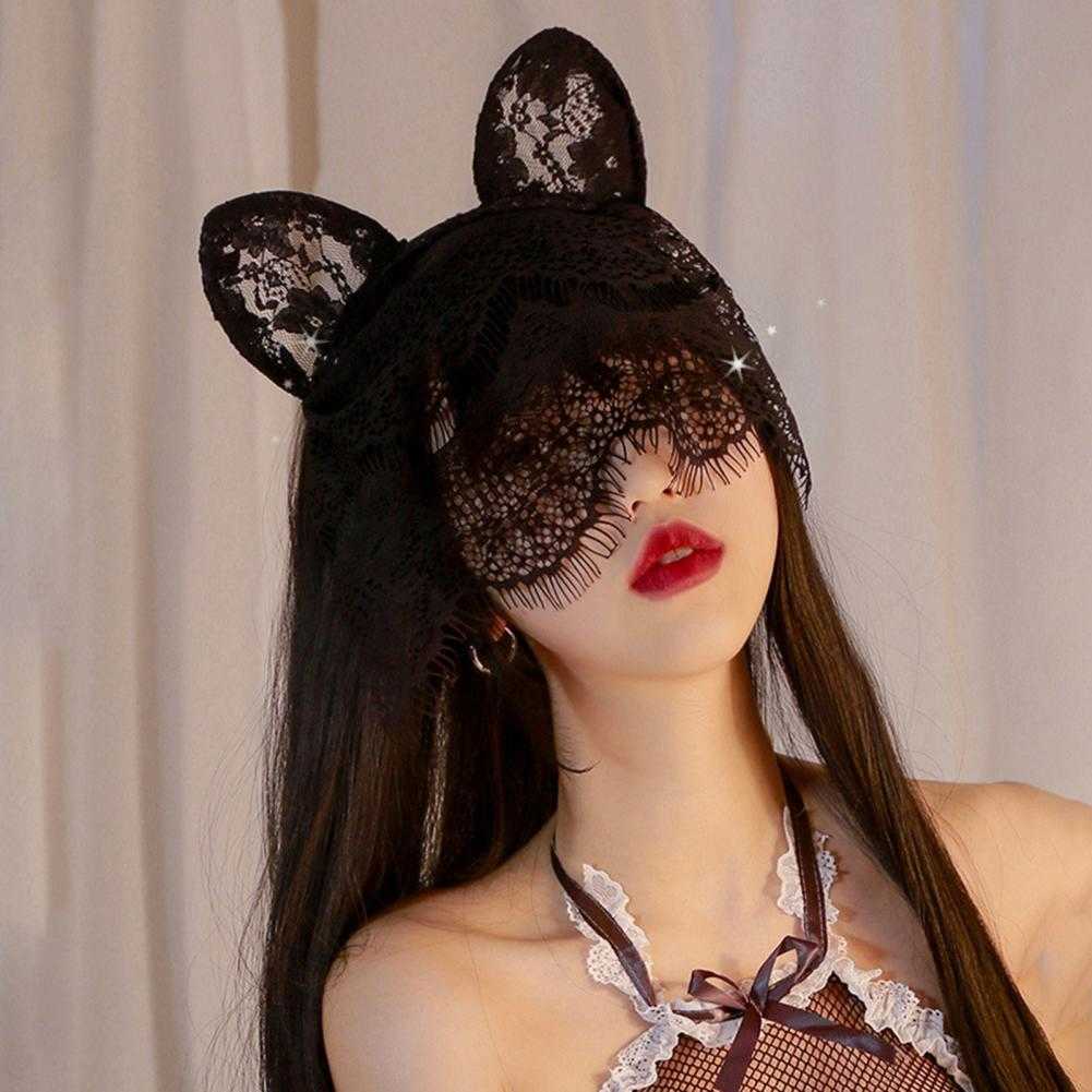 Masques de sommeil Anime Dentelle Cerceau De Cheveux Oreille De Chat Bandeau Collier Ensemble Sexy Bunny Girl Cosplay Party Masque Props Femmes Discothèque Masque Pour Les Yeux J230602