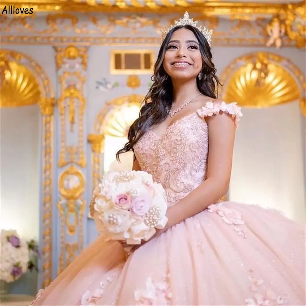 Pink Princess 3D Handmade Flowers Quinceanera Dresses Off The Shoulder Long Wraps Sequined Lace Ball Gown Prom Sweet 15 16 Dress Formal Occasion Pageant Dress CL2347