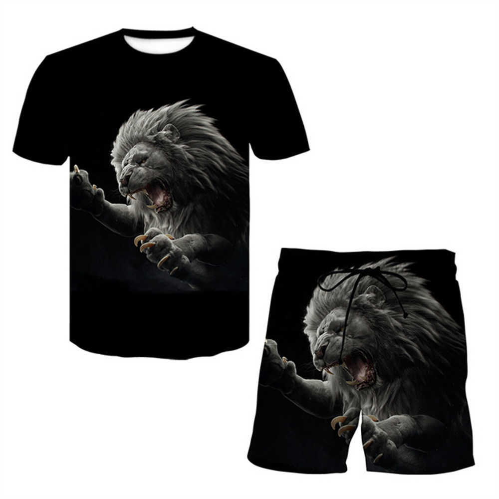 Men's Tracksuits Summer men's T-shirt 2-piece set cute powerful little lion 3D printed street shirt casual oversized and comfortable P230603