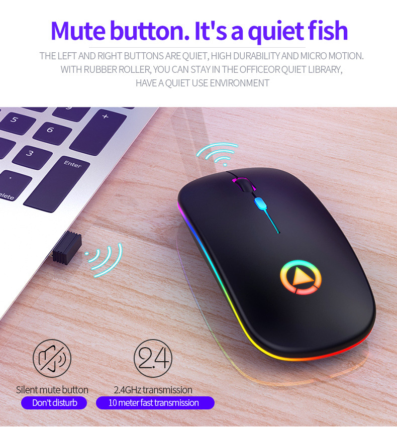 Mouse Bluetooth wireless ricaricabile A2 con ricevitore 2.4G Retroilluminazione a LED a i Mouse silenzioso Mouse da gioco ottico USB con batteria computer Desktop Laptop Gioco PC