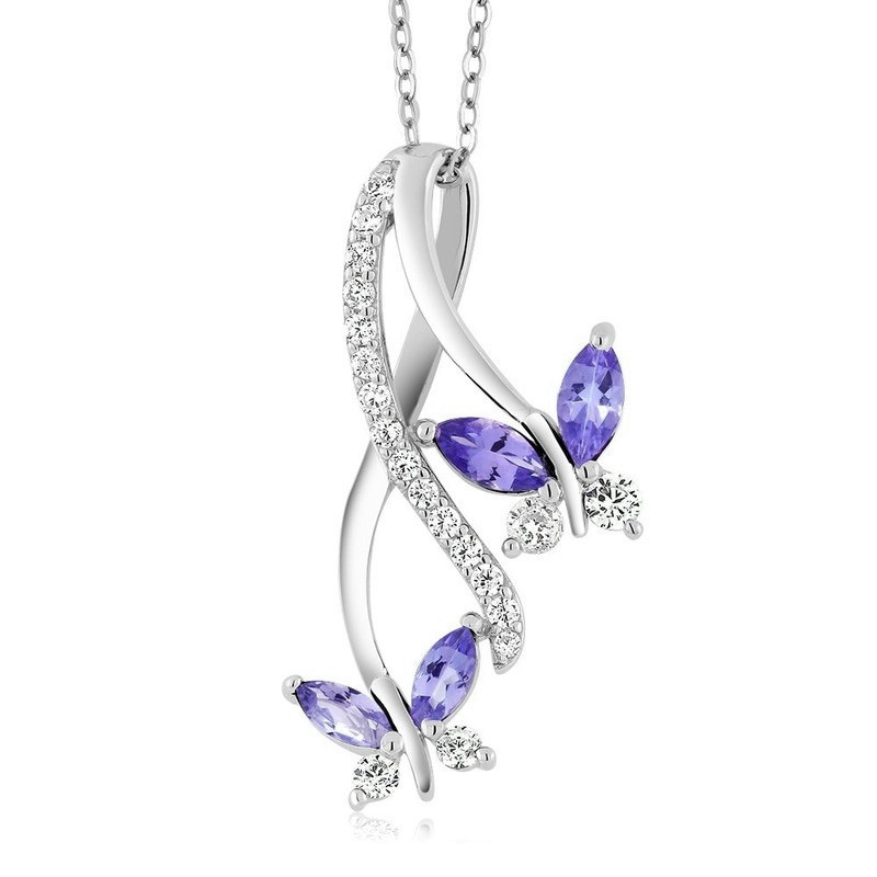 Simple Blue Crystal Zircon Butterfly Necklace Gem Stone Pendant Necklace for Women's Valentine's Day Gift