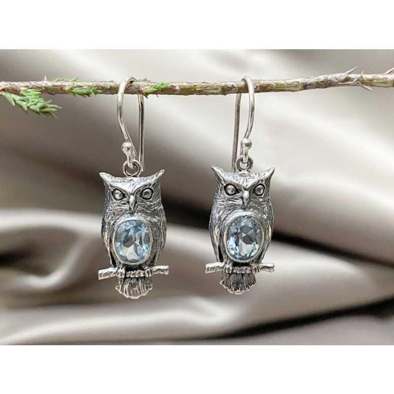 チャームZhixuan Creative Owl Design Women's Antique Silver Inlaid Blue Crystal Fashion Party Jewelry Accessories G230602のためのヴィンテージイヤリング