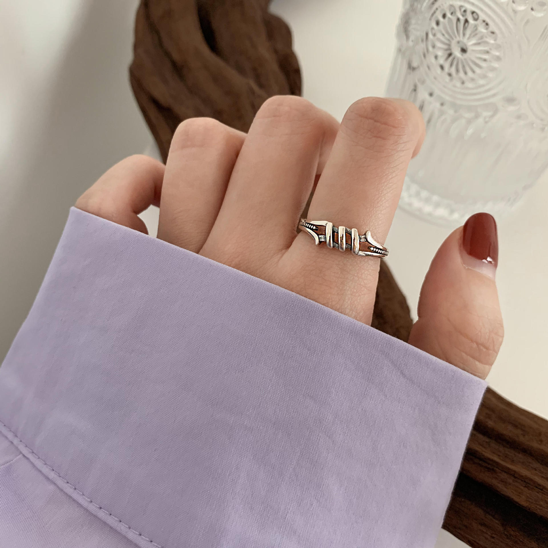 Oorbellen eenvoudige combinatie 925 sterling zilveren ring dames wijsvinger lichte luxe niche koude mode persoonlijkheid bungee ring