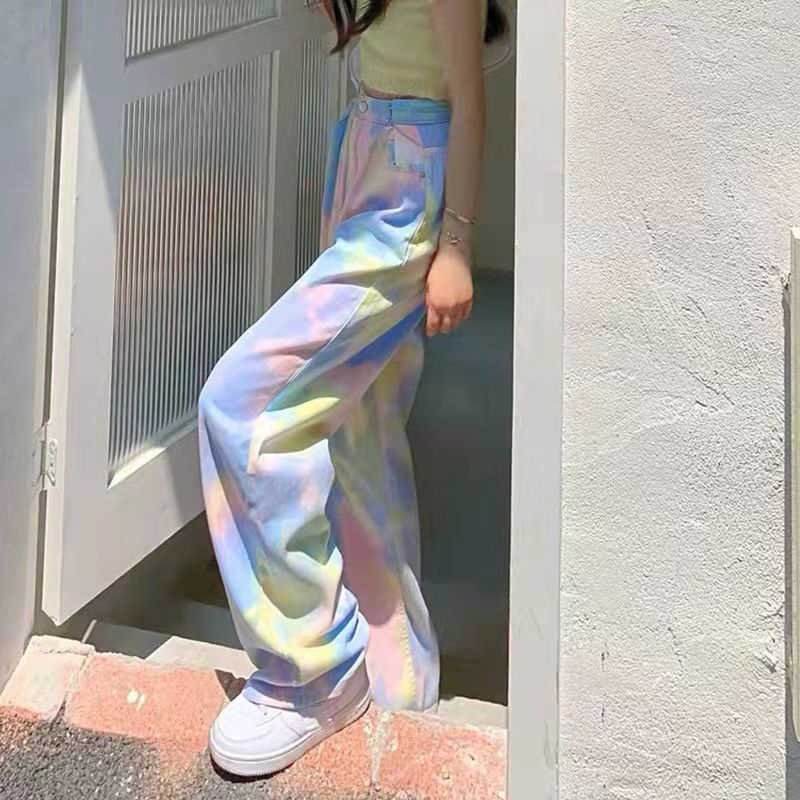 Lucifer 2022 Summer Tie Dye Jeans Loose Waist Straight Trousers Women's Street Clothing Wide Leg Pants P230602