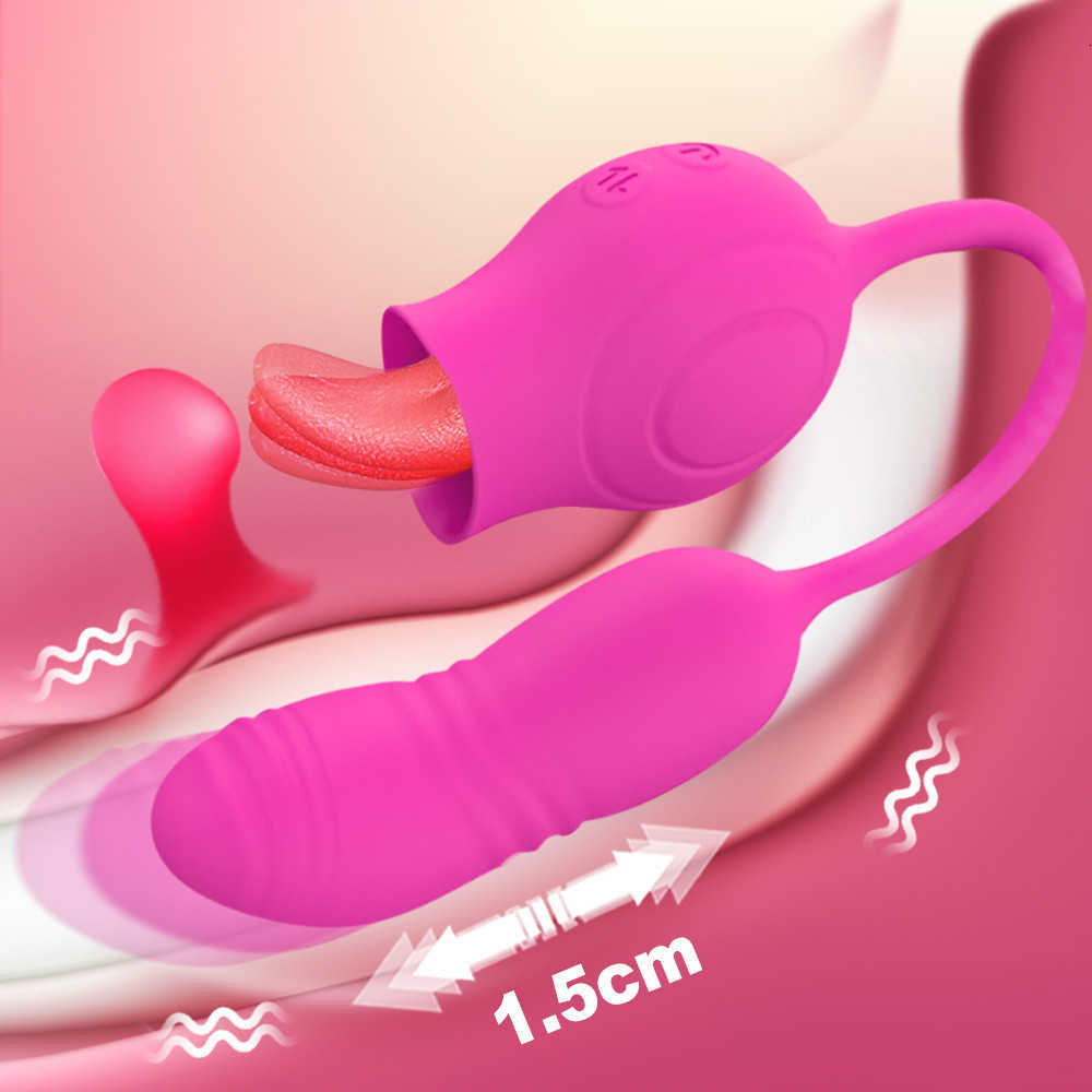 Massager Rose Vibrator with Tongue for Women Silicone Female Stimulator Oral Clit Licking Dildo Thrusting Egg Adult