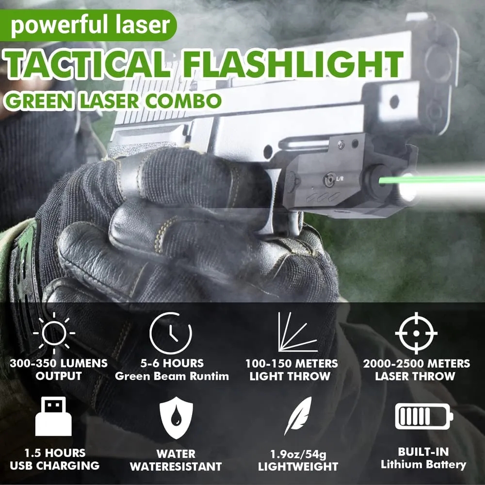 Tactical LED Light Red Laser Sight Combo 350 Lumen USB Rechargeable Light Compact Rail Mount Light-Green