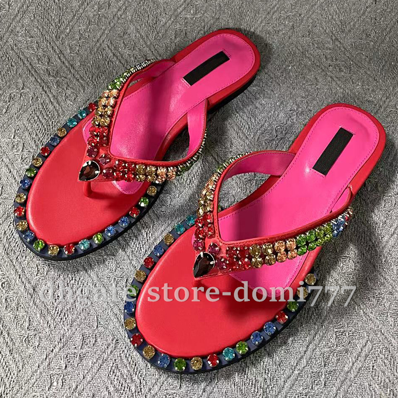 Top-Quality Fashion Brand LOGO Leather Flip Flops with Colorful Diamonds Slippers Sandals for Summer