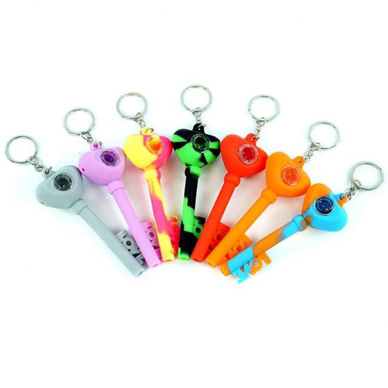 Latest Colorful Mini Hand Silicone Pipes Portable LOVE Key Style Glass Filter Screen Spoon Bowl Herb Tobacco Cigarette Holder Hookah Waterpipe Bong Smoking