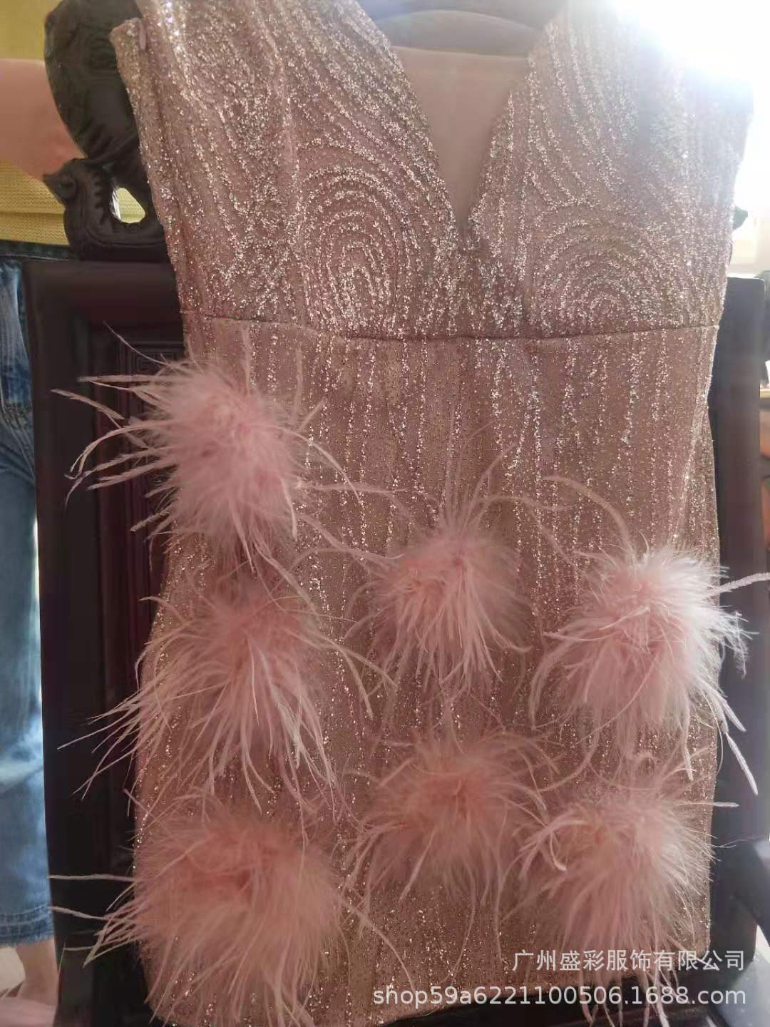 2023 New feather suspender skirt deep V-neck sexy nightclub party dress