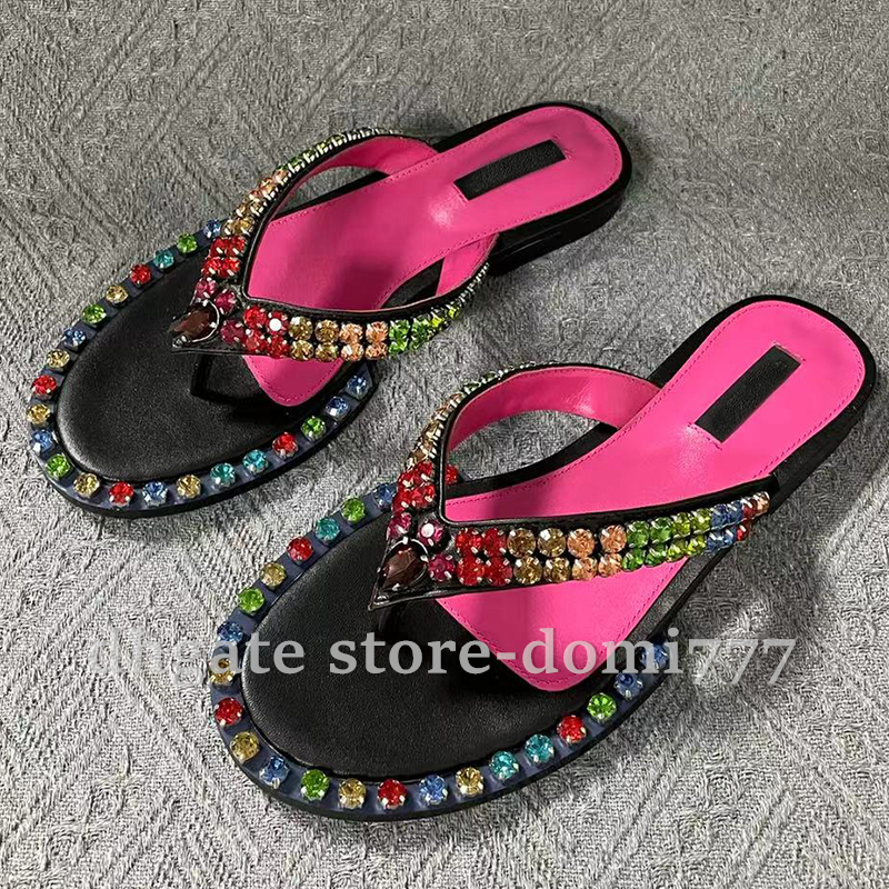 Top-Quality Fashion Brand LOGO Leather Flip Flops with Colorful Diamonds Slippers Sandals for Summer