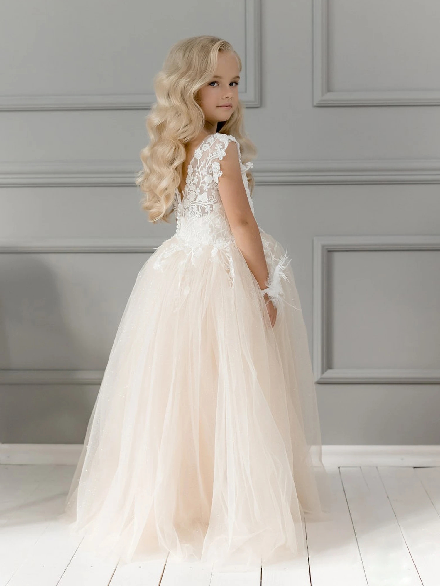 Туль кружевная платья с длинной принцессой цветочниц для свадебных рукавов детские детские первые причастия формальные платья для вечеринок пухлая маленькая девчонка.