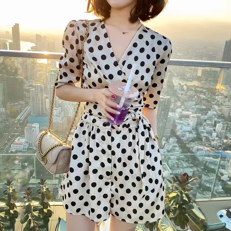 Women's polka dots dotted short sleeve v-neck sashes top and shorts twinset pants suit SMLXL