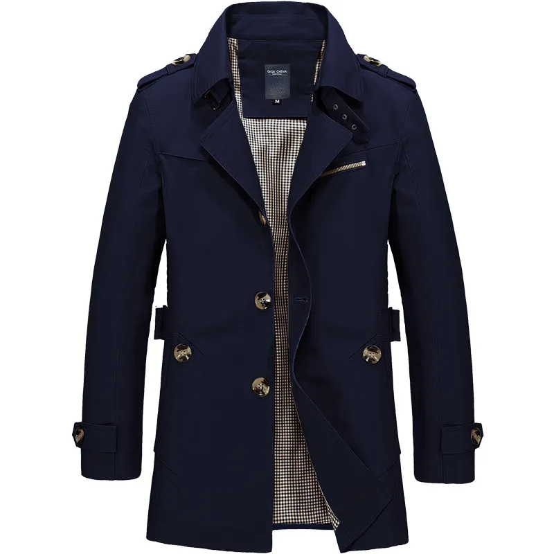 Male Pure Color Pure Cotton Long Jackets Fashion Men`s Upscale Winter Slim Fit Casual Trench Coat