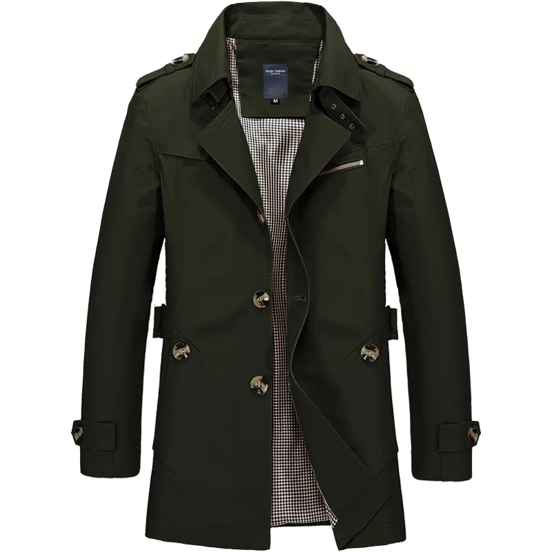 Male Pure Color Pure Cotton Long Jackets Fashion Men`s Upscale Winter Slim Fit Casual Trench Coat