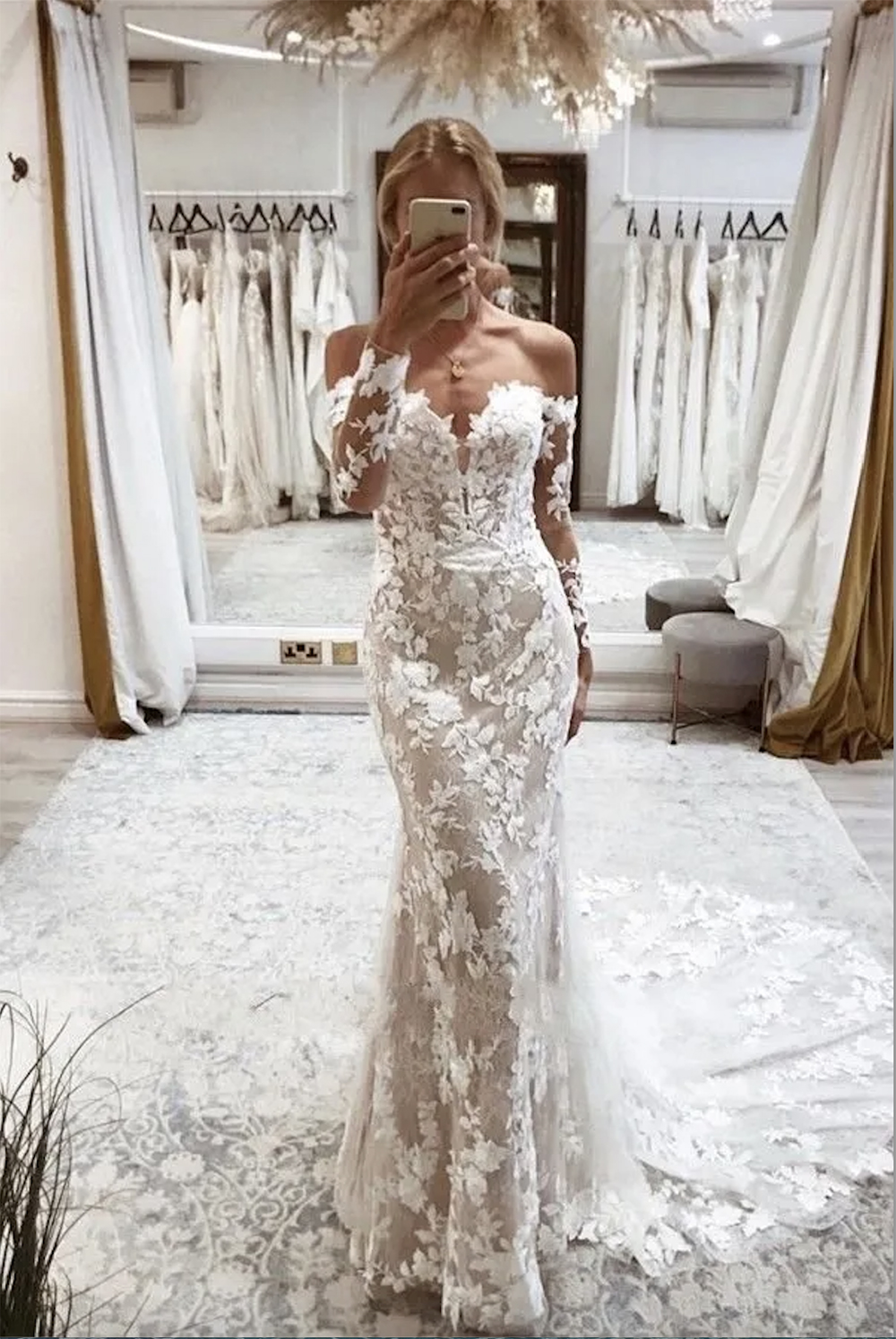 Stunning Lace Mermaid Wedding Dresses New Sexy Backless Off Shoulder Long Sleeves 3D Lace Appliques Bridal Gowns With Button Covered Back Custom made