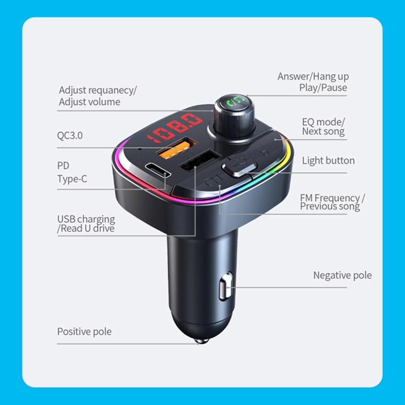 C13 BT Wireless FM Transmitter Led Type C PD QC3.0 Fast Car Charger Mini MP3 Player