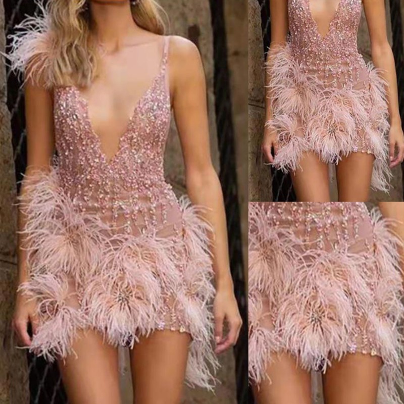 2023 New feather suspender skirt deep V-neck sexy nightclub party dress