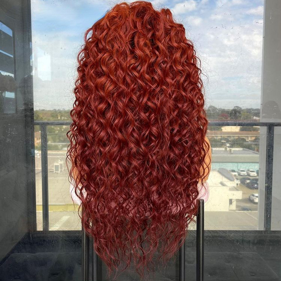 Brasiliansk ingefära lockig spets främre mänskliga hår peruker för kvinnor lös djup våg peruk röd vinråk peruker färgade syntetiska peruk före plockad