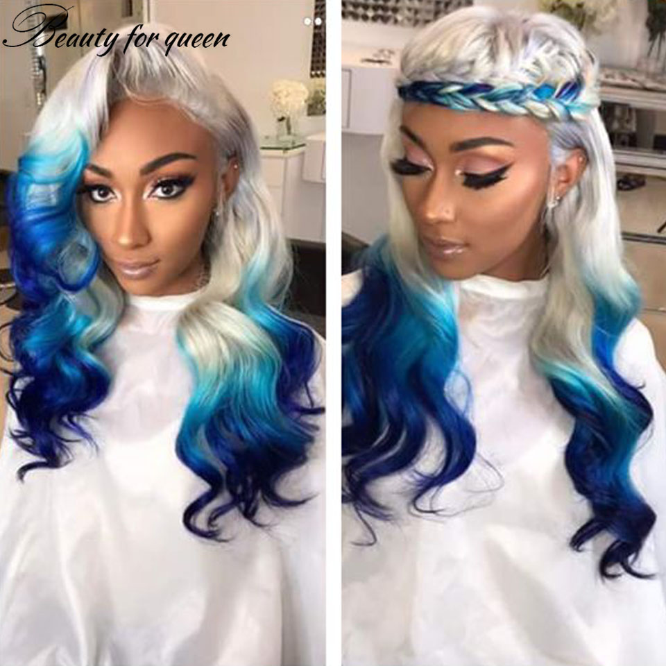 Long Brazilian Blonde Ombre Blue Colored Lace Front Wig Human Hair 13X4 Lace Frontal Body Wave Synthetic Wigs for Women Natural Hairline