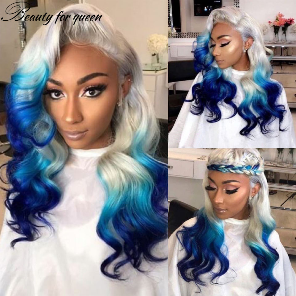 Longo Brasileiro Loiro Ombre Azul Colorido Lace Front Peruca Cabelo Humano 13X4 Lace Frontal Body Wave Perucas Sintéticas para Mulheres Linha Fina Natural