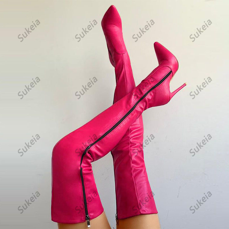 Sukeia Nuove Donne di Arrivo di Inverno Della Coscia Stivali Sexy Tacchi Sottili Scarpe A Punta Rosso Fucsia Del Partito Delle Signore Formato DEGLI STATI UNITI 5-15