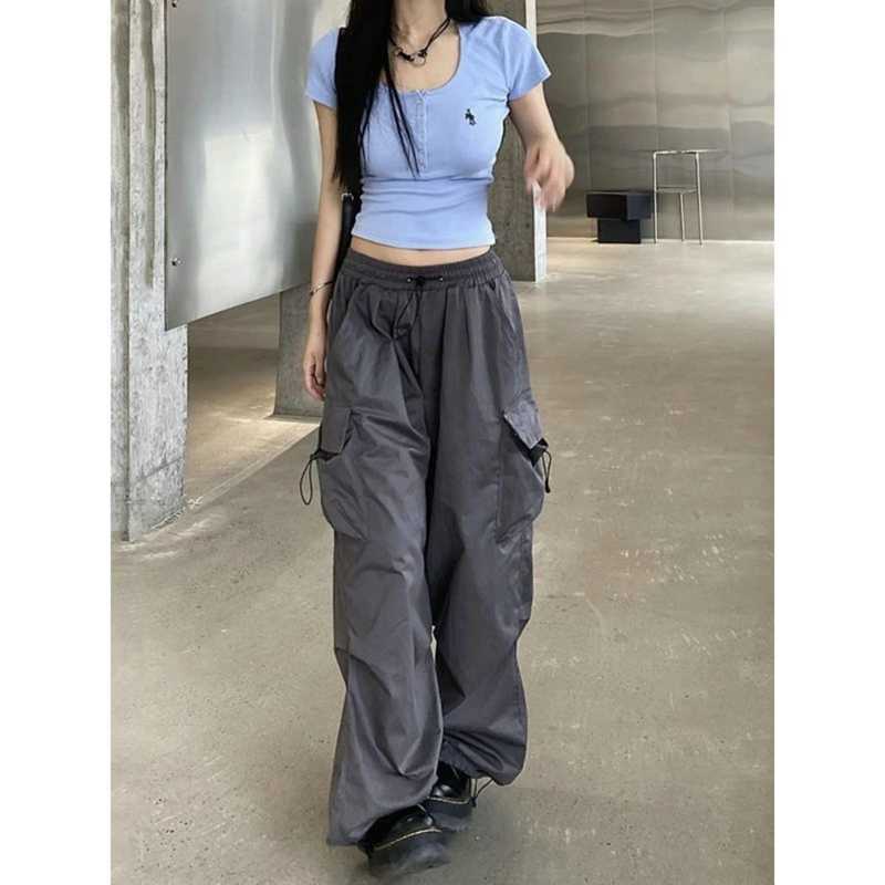 Pants Capris Women's cargo pants high waist grey loose street clothes luggage jeans vintage sports pockets wide legs Y2K denim Trousers Totals P230605