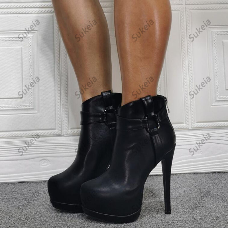 Sukeia Handgjorda kvinnor Vinter Ankle Boots Round Toe Back dragkedja Sexig stiletto häl eleganta svarta skor damer oss plus storlek 5-20