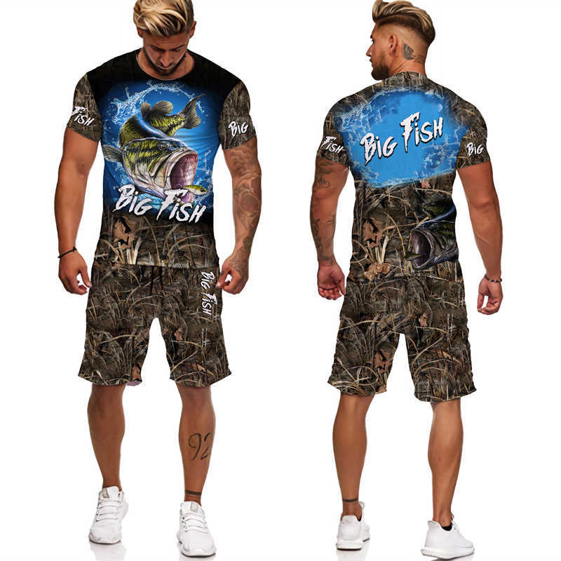 Männer Trainingsanzüge Camouflage Tier Fisch 3D-Druck Herren T-Shirt/ShortsHarajuku Mode T-Shirt lässig Outdoor Wandern Camping Sportbekleidung Set P230605