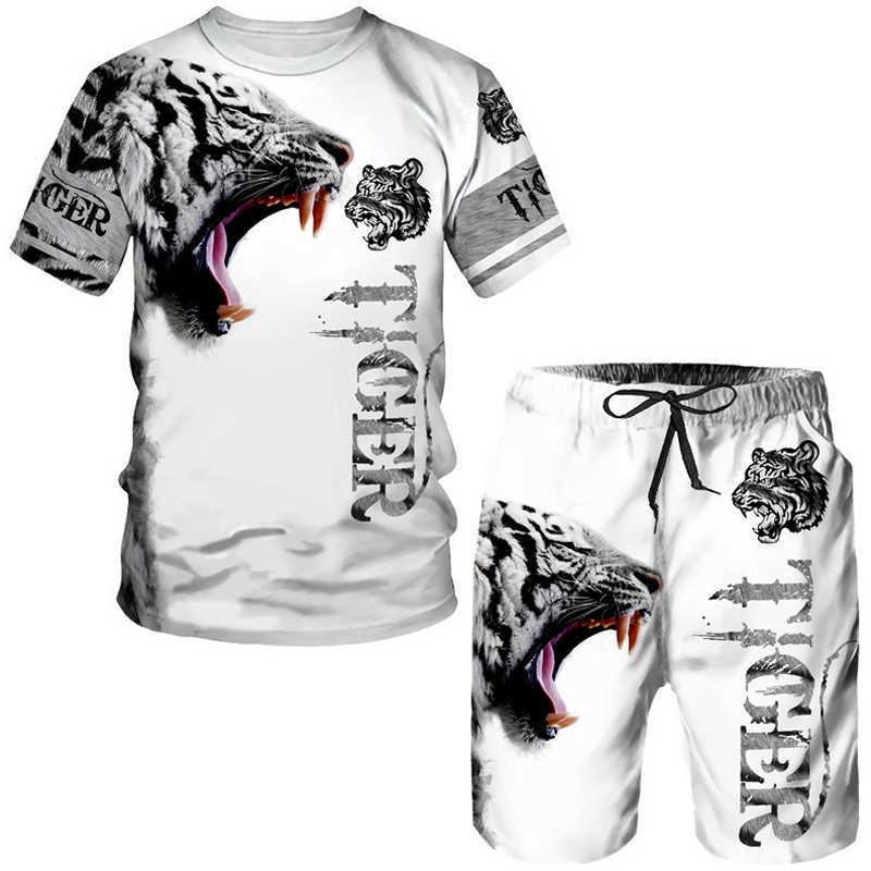 Tute da uomo Estate uomo tatuaggio animale bianco maniche corte leone 3D stampato O-collo T-shirt e pantaloncini set abbigliamento sportivo casual P230605 buono