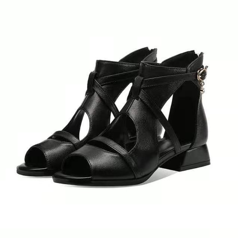 2023 Ethnic High-grade Temperament Roman Sandals Bohemian High-top Soft Bottom Joker Hollow Black High-quality Leather Sandals.