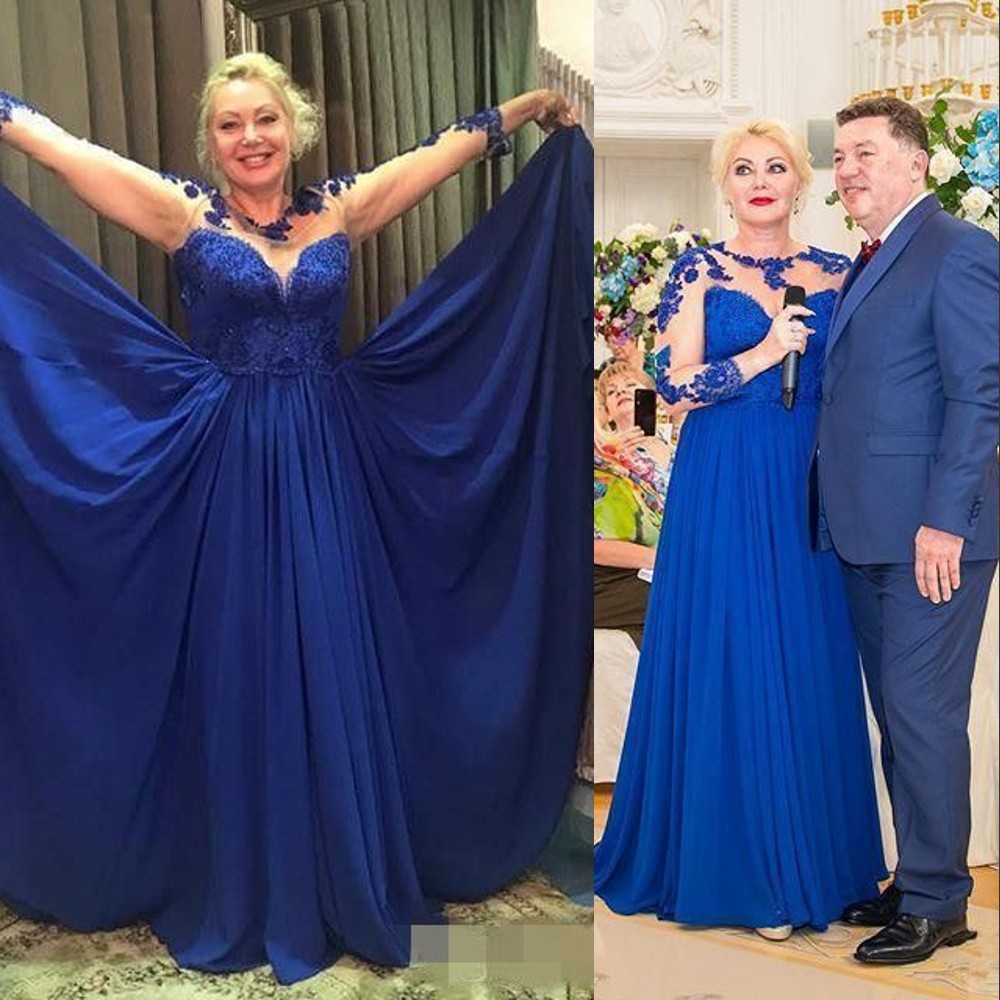 2023 Vestidos de madre de novia vintage Azul real Mangas largas Cuello de joya Apliques de encaje de gasa Longitud del piso de cristal Tallas grandes Bodas personalizadas Vestidos de fiesta de noche