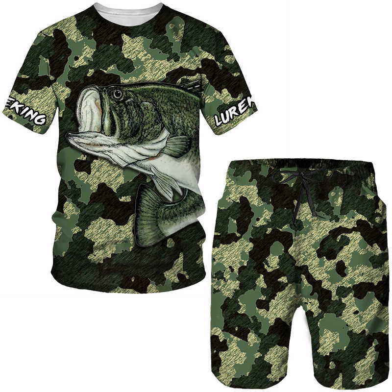 Men's Tracksuits Camouflage animal fish 3D printing men's T-shirt/shortsHarajuku fashion T-shirt casual outdoor hiking camping sportswear set P230605